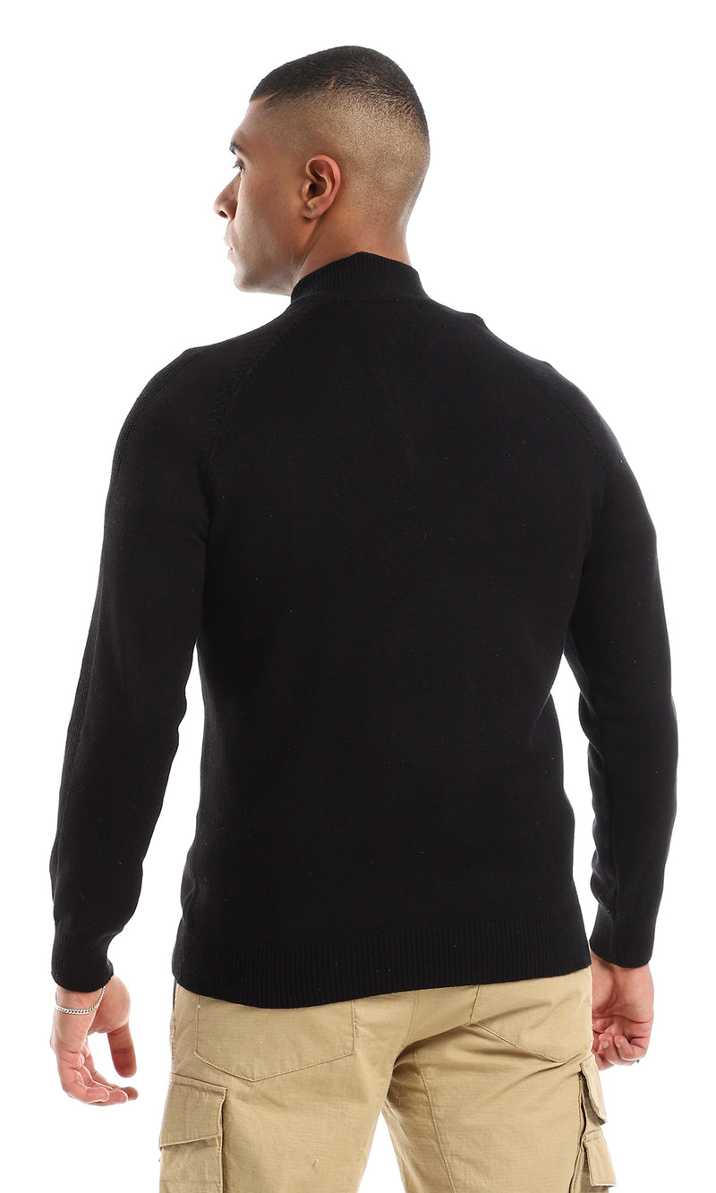 O151276 Zipped Neck Plain Black Dressy Knitted Sweater