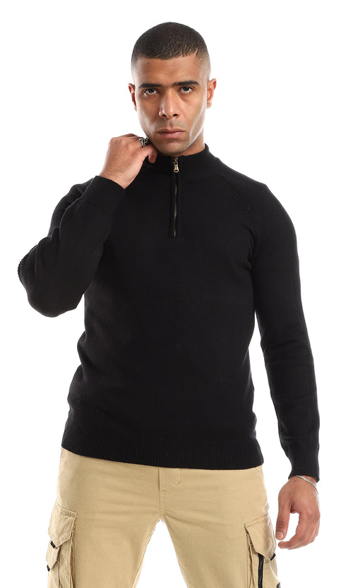 سويتر أنيق سادة محبوك بياقة بسوستة لون أسود