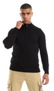 O151276 Zipped Neck Plain Black Dressy Knitted Sweater
