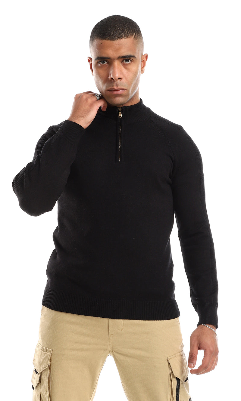 O151276 Zipped Neck Plain Black Dressy Knitted Sweater