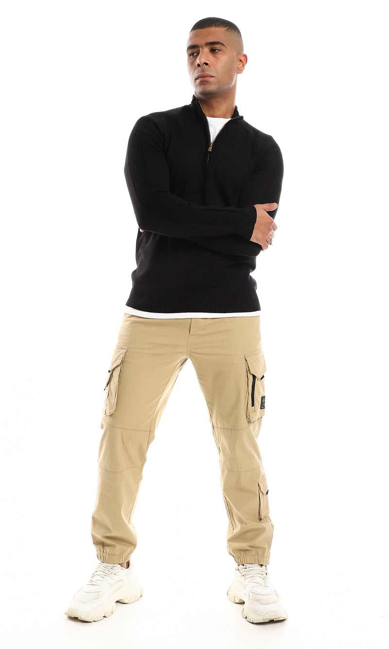 O151276 Zipped Neck Plain Black Dressy Knitted Sweater