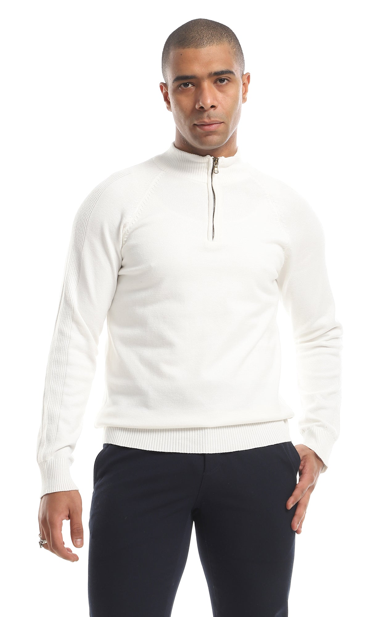 O151277 Zip Through Neck Plain Sweater - Off White