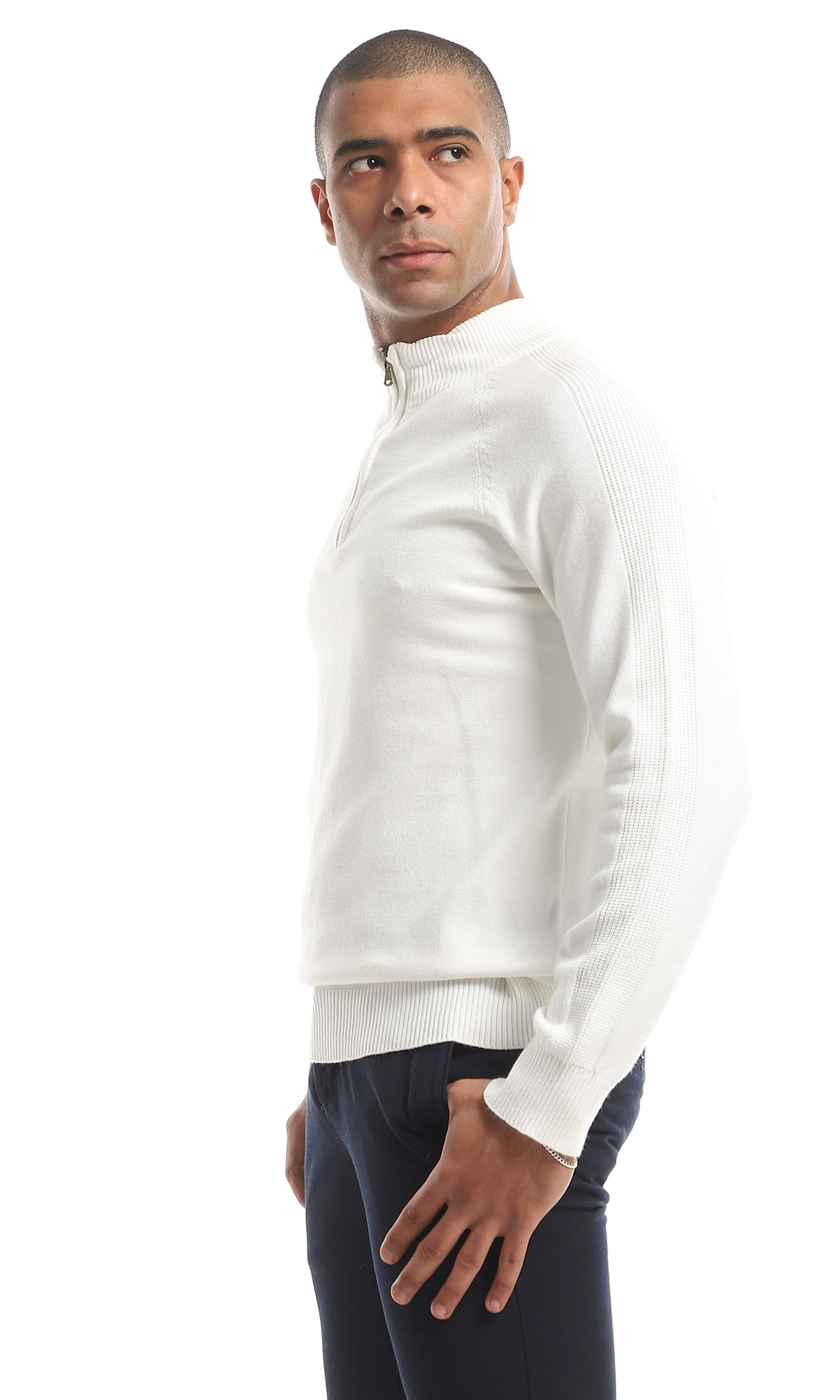 O151277 Zip Through Neck Plain Sweater - Off White