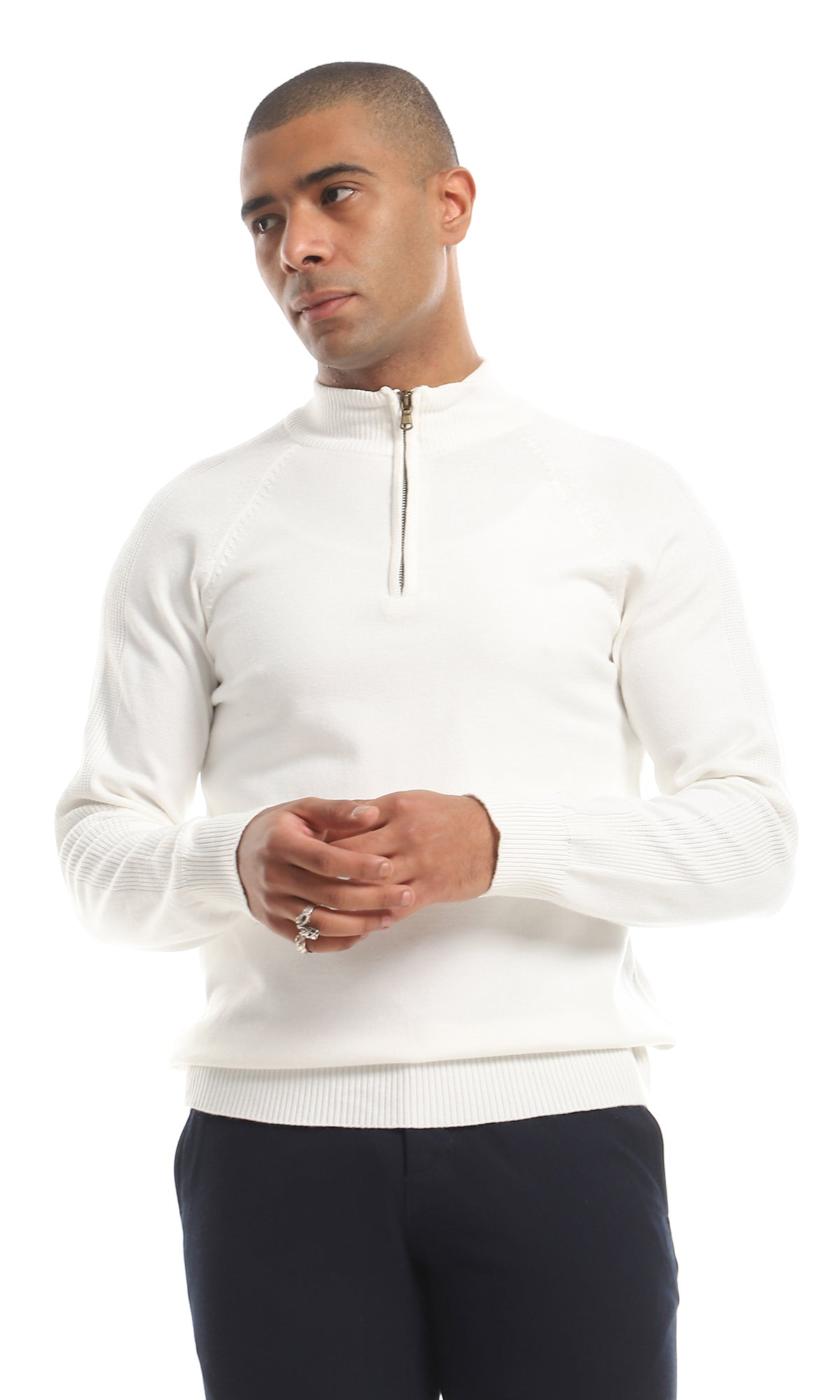 O151277 Zip Through Neck Plain Sweater - Off White