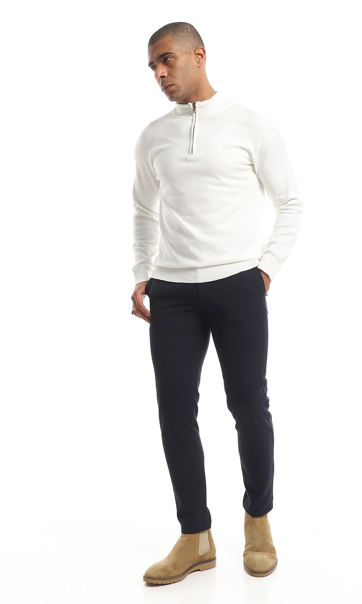 O151277 Zip Through Neck Plain Sweater - Off White