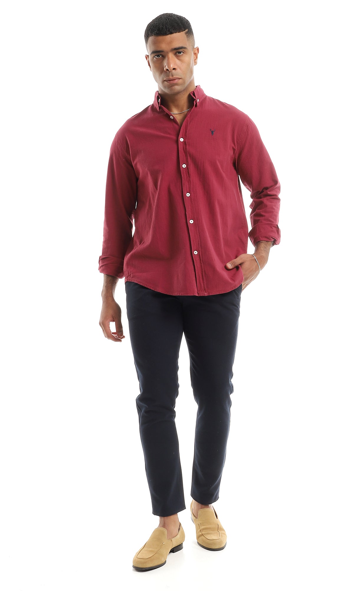 O151296 Burgundy Classic Collar Shirt With Long Sleeves