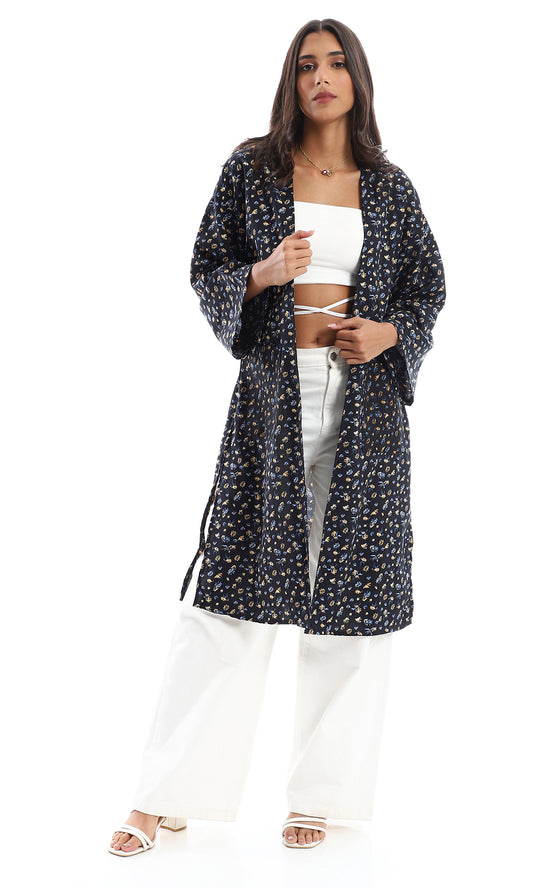 O151299 Relaxed Fit Patterned Navy Blue Kimono