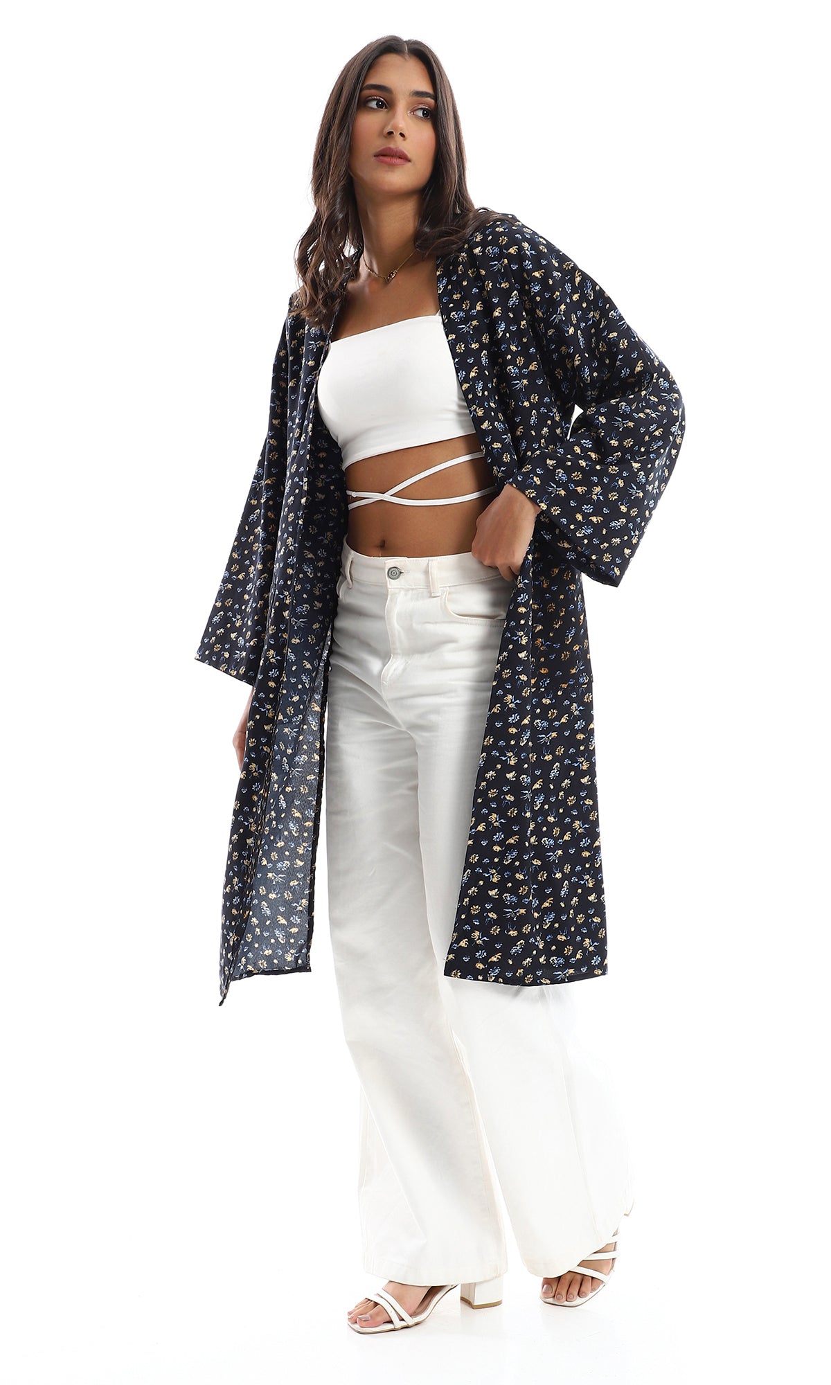 O151299 Relaxed Fit Patterned Navy Blue Kimono