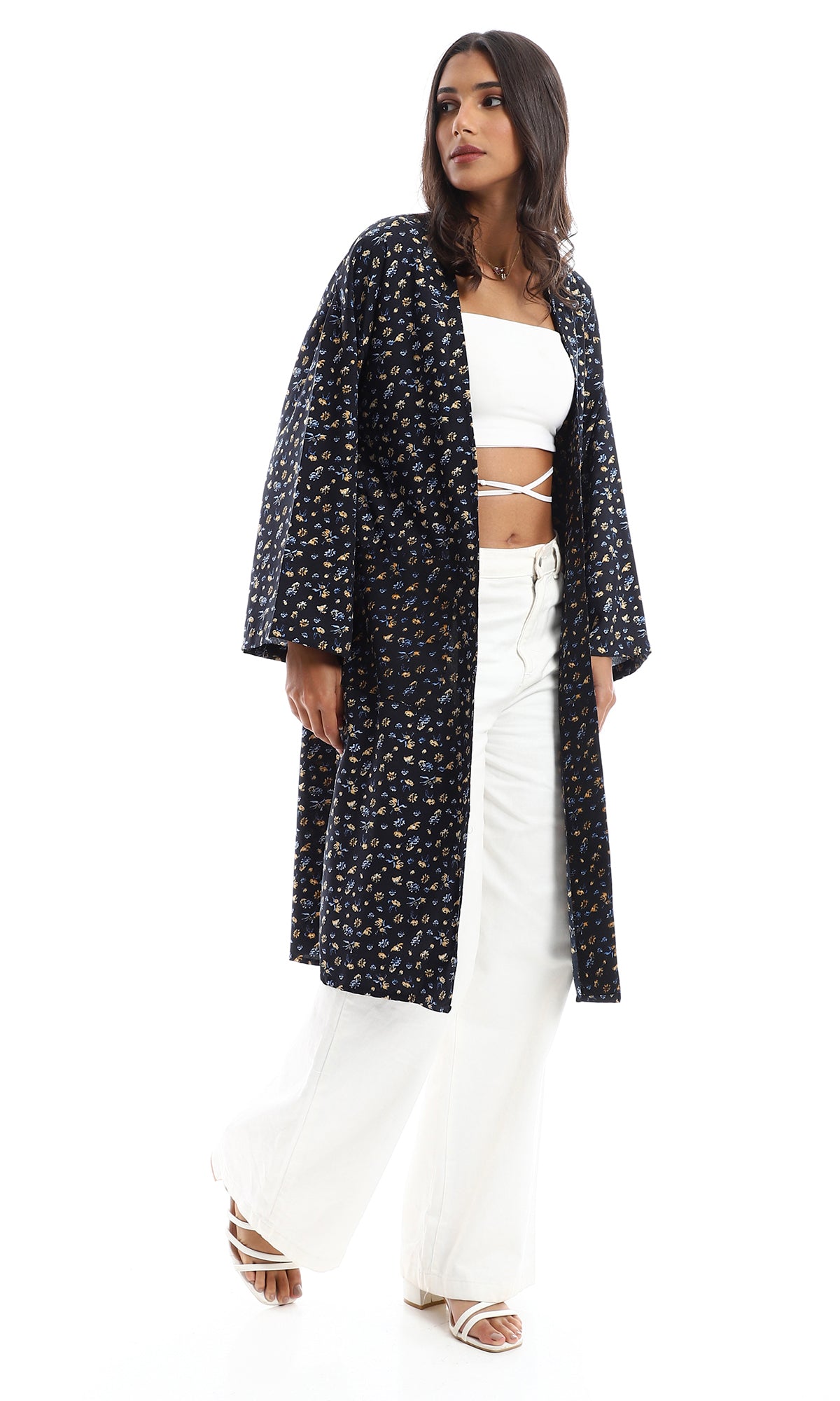 O151299 Relaxed Fit Patterned Navy Blue Kimono