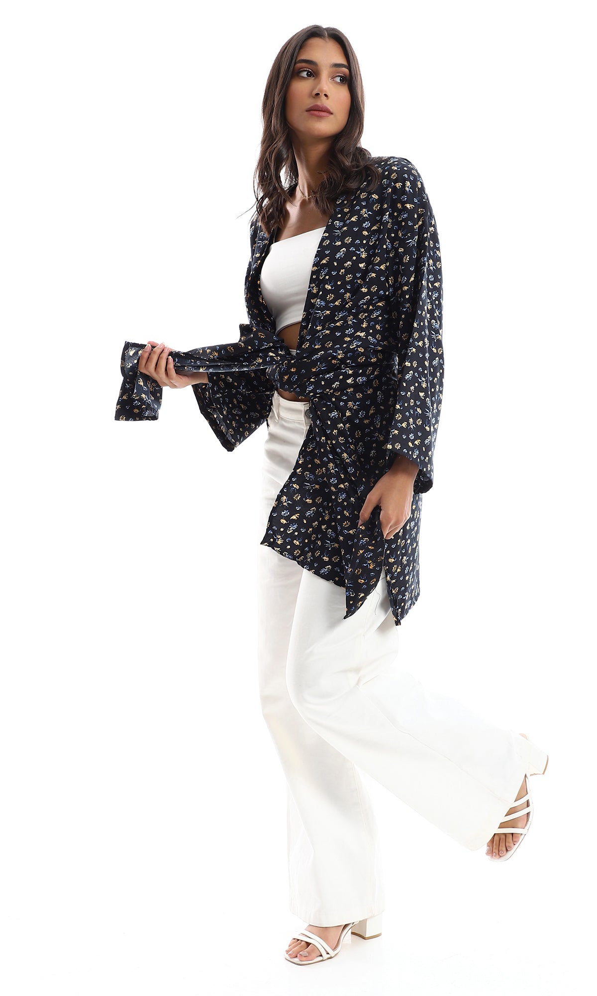 O151299 Relaxed Fit Patterned Navy Blue Kimono