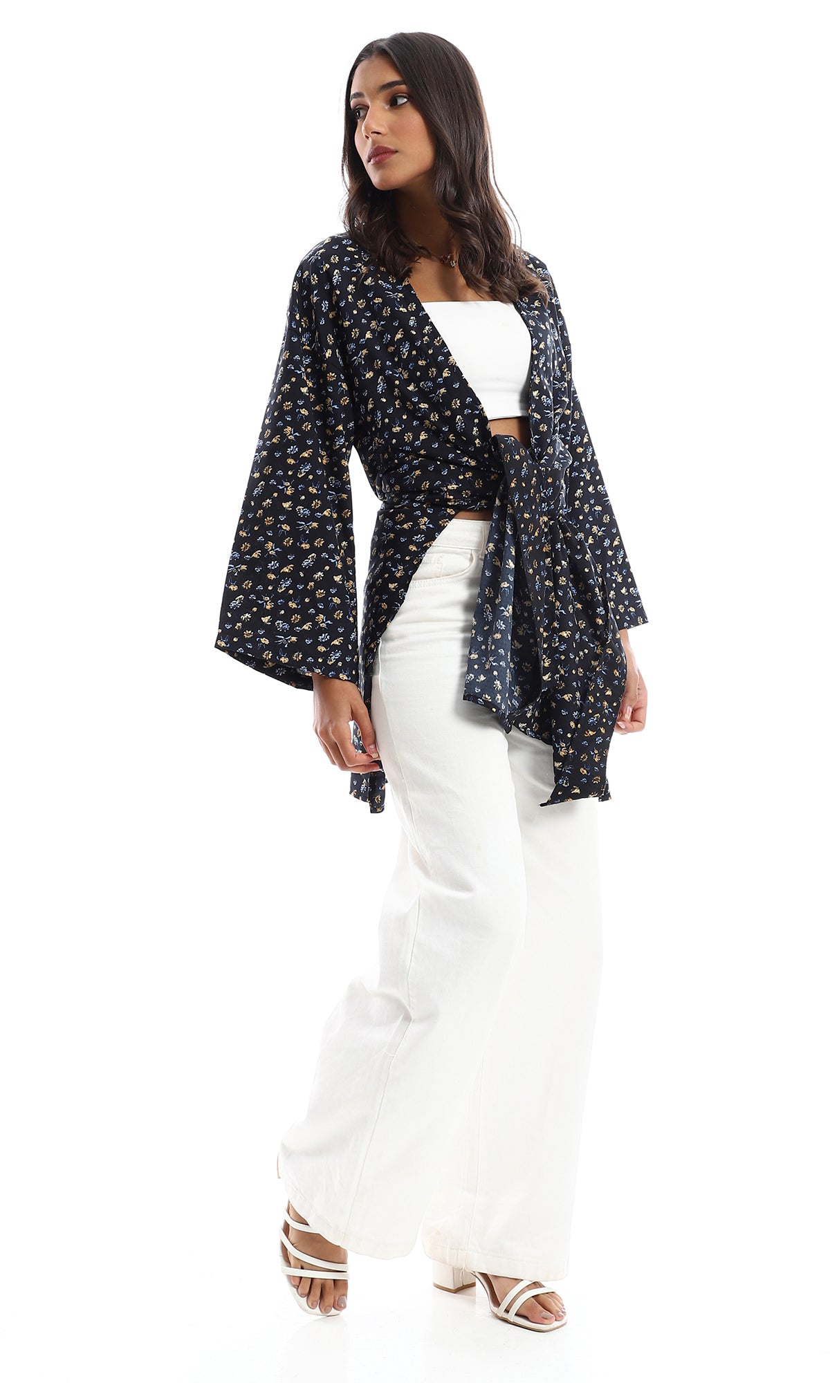 O151299 Relaxed Fit Patterned Navy Blue Kimono