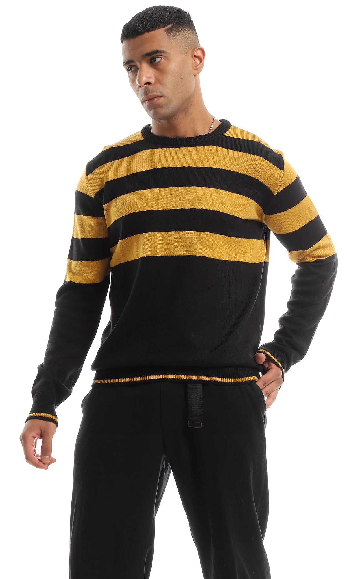 O151309 Wide Stripes Black & Orange Pullover With Long Sleeves