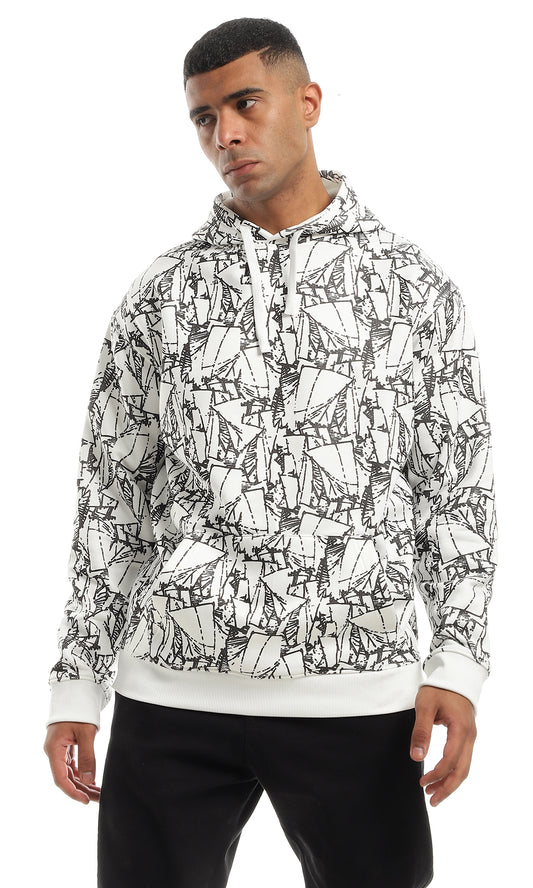 O151460 Patterned Lightweight Comfy White Hoodie With Drawstring