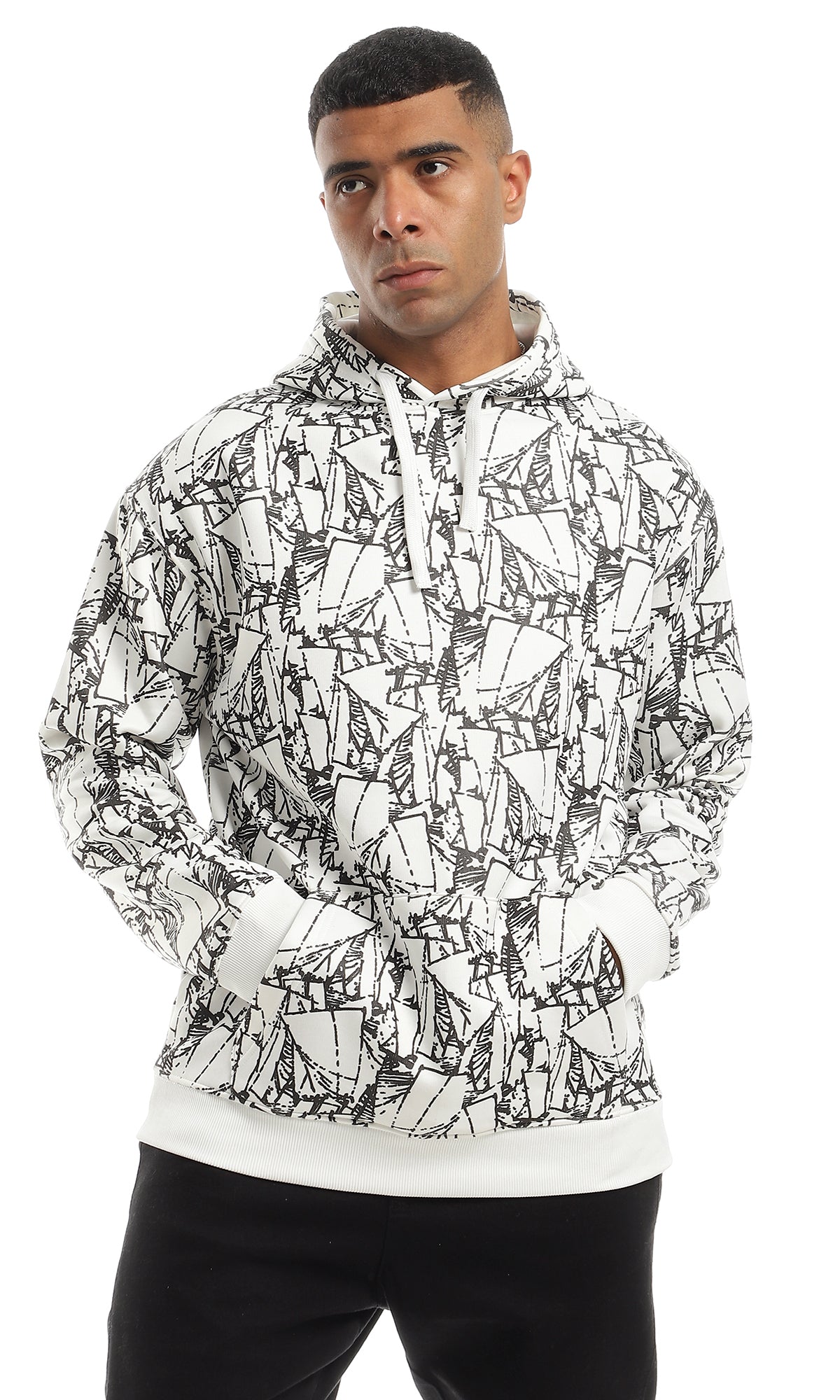 O151460 Patterned Lightweight Comfy White Hoodie With Drawstring