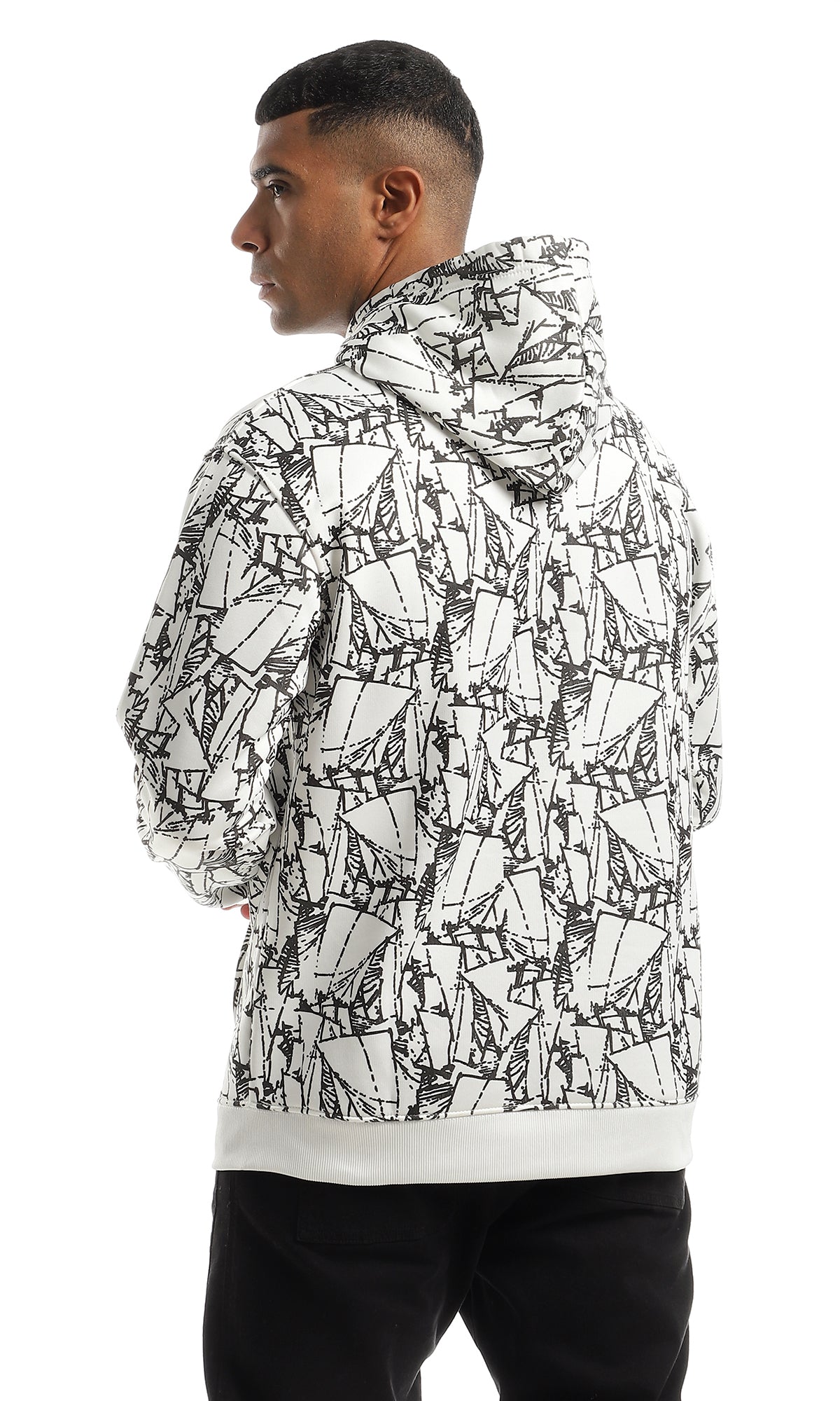 O151460 Patterned Lightweight Comfy White Hoodie With Drawstring