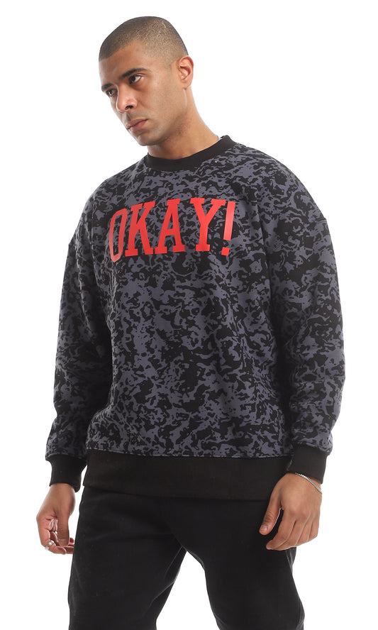 O151462 "Okay" Chest Printed & Patterned Fleece Sweatshirt - Black & Grey