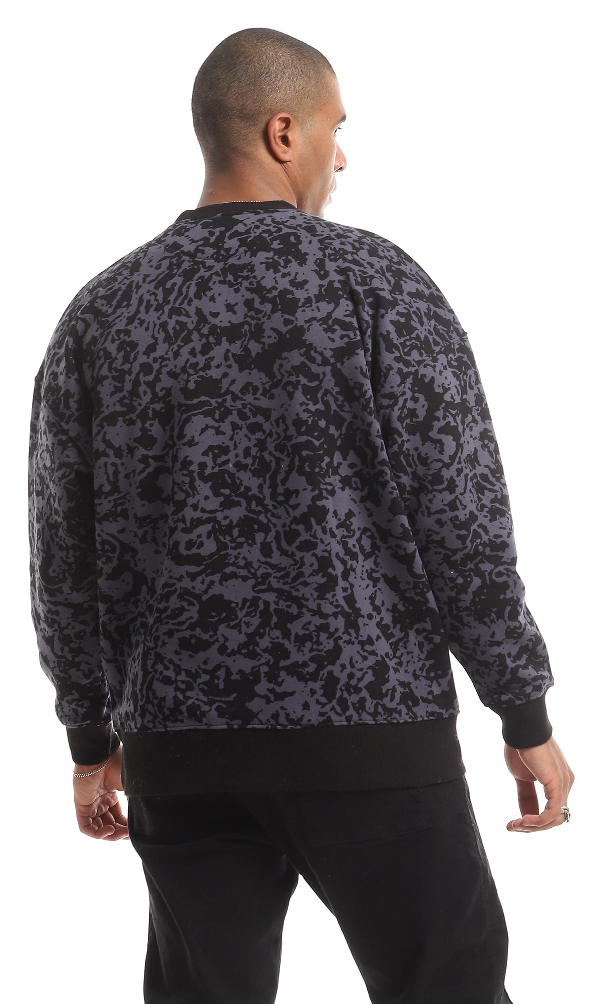 O151462 "Okay" Chest Printed & Patterned Fleece Sweatshirt - Black & Grey