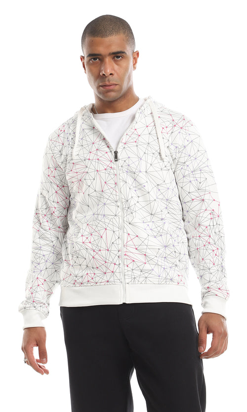 O151509 Cool Patterned Zipped Hooded Sweatshirt - White