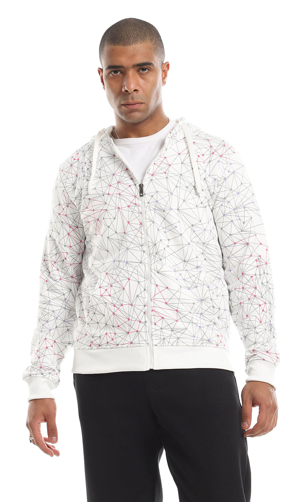 O151509 Cool Patterned Zipped Hooded Sweatshirt - White