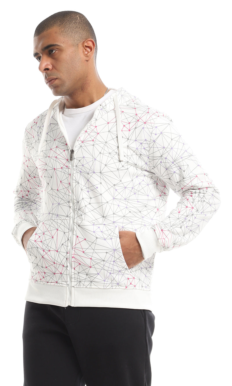 O151509 Cool Patterned Zipped Hooded Sweatshirt - White