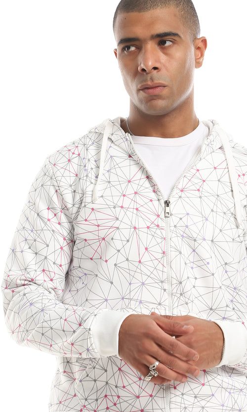 O151509 Cool Patterned Zipped Hooded Sweatshirt - White