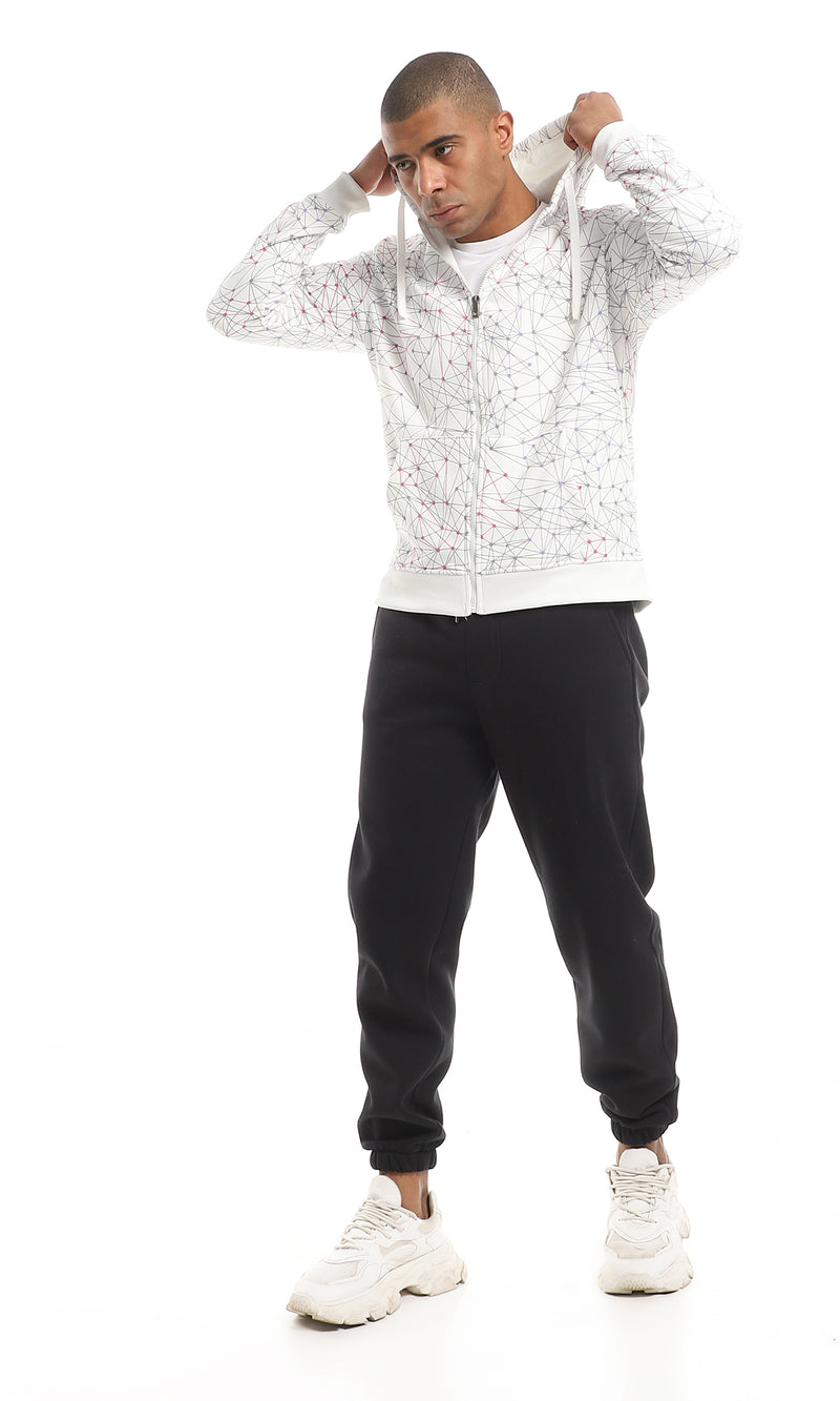 O151509 Cool Patterned Zipped Hooded Sweatshirt - White
