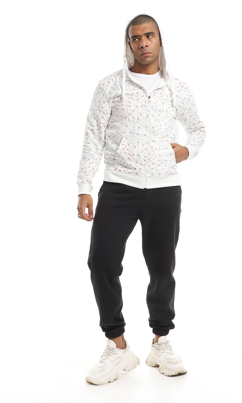 O151509 Cool Patterned Zipped Hooded Sweatshirt - White