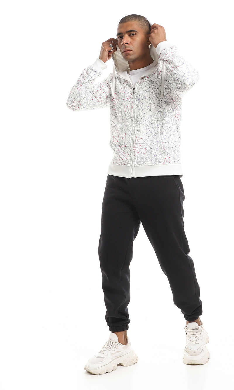 O151509 Cool Patterned Zipped Hooded Sweatshirt - White