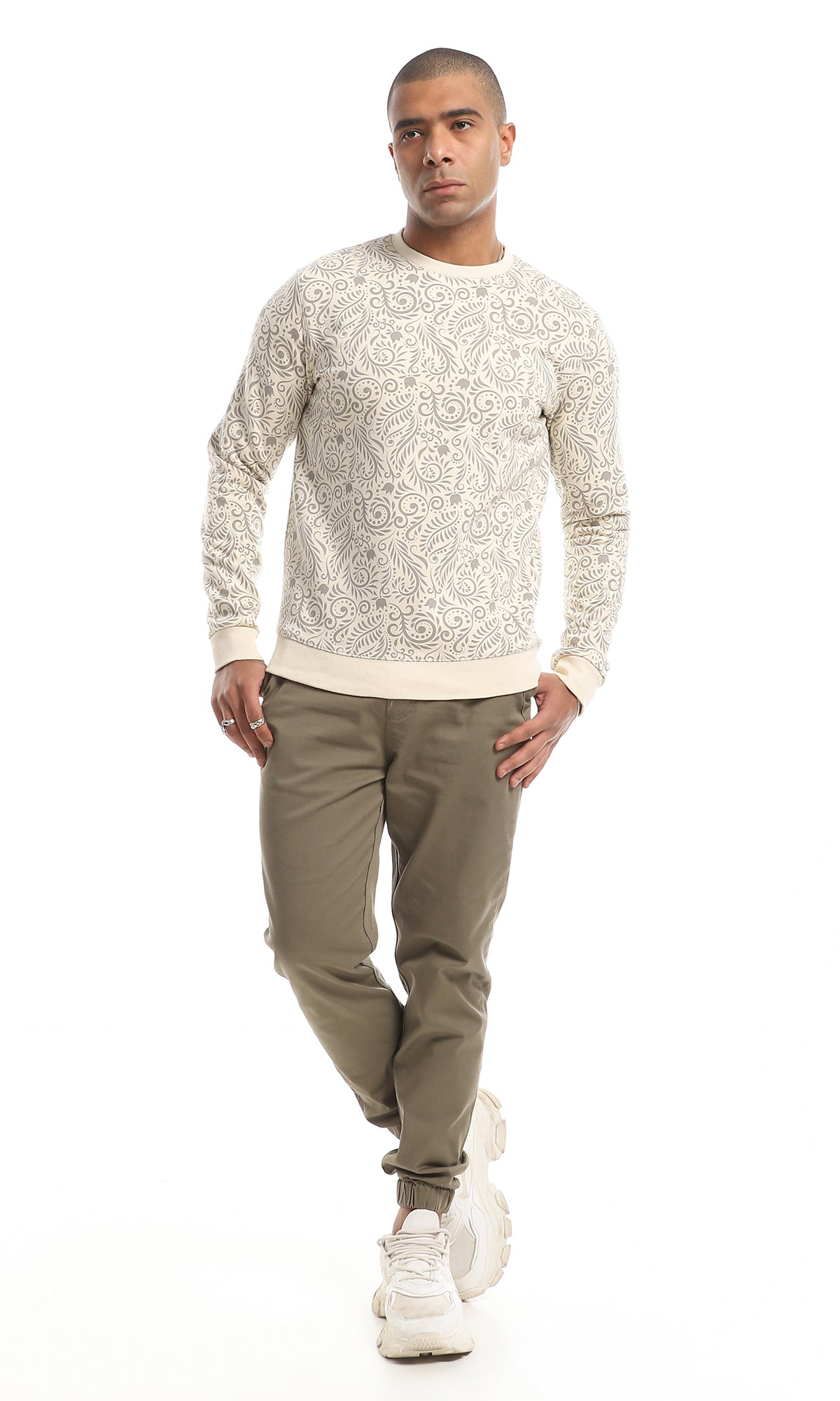 O151530 Lotus Flower & Leaves Slip On Sweatshirt - Beige & Grey