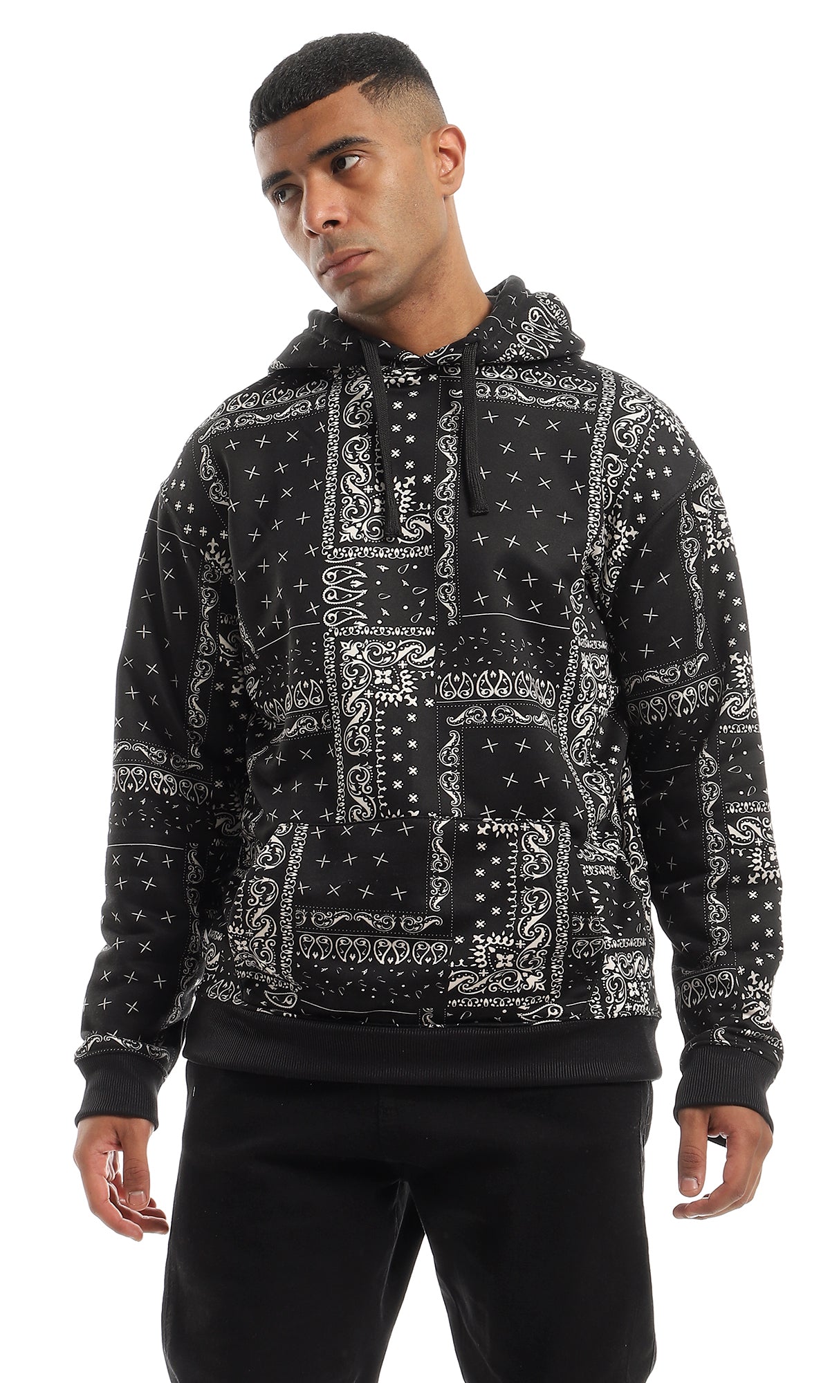 O151531 Unique Pattern Fleece Slip On Hoodie - Black