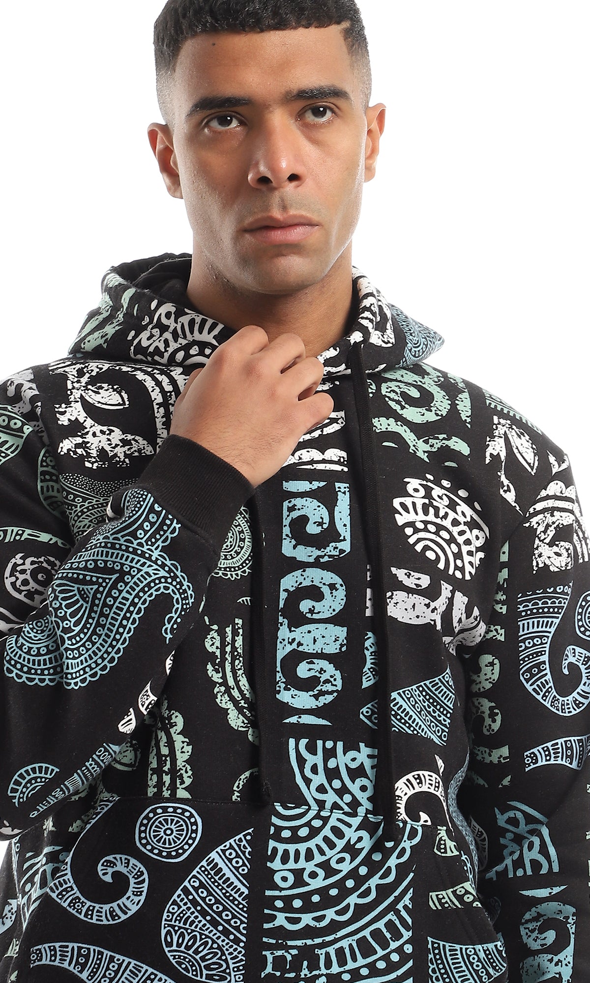 O151536 Multipatterned Fleece Hoodie With Round Neck - Black, Green & White