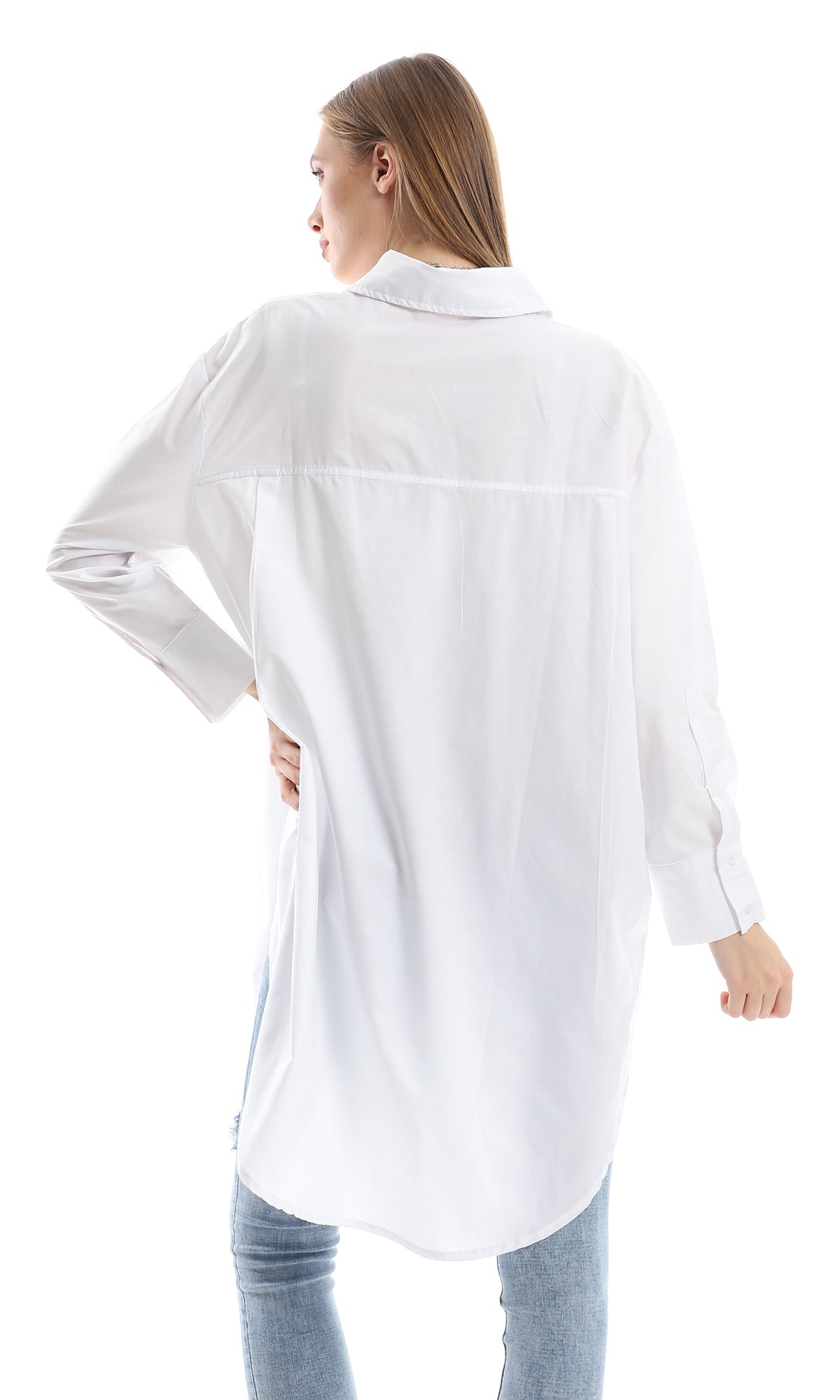 O151643 Classic Collar White Long Shirt With Full Buttons