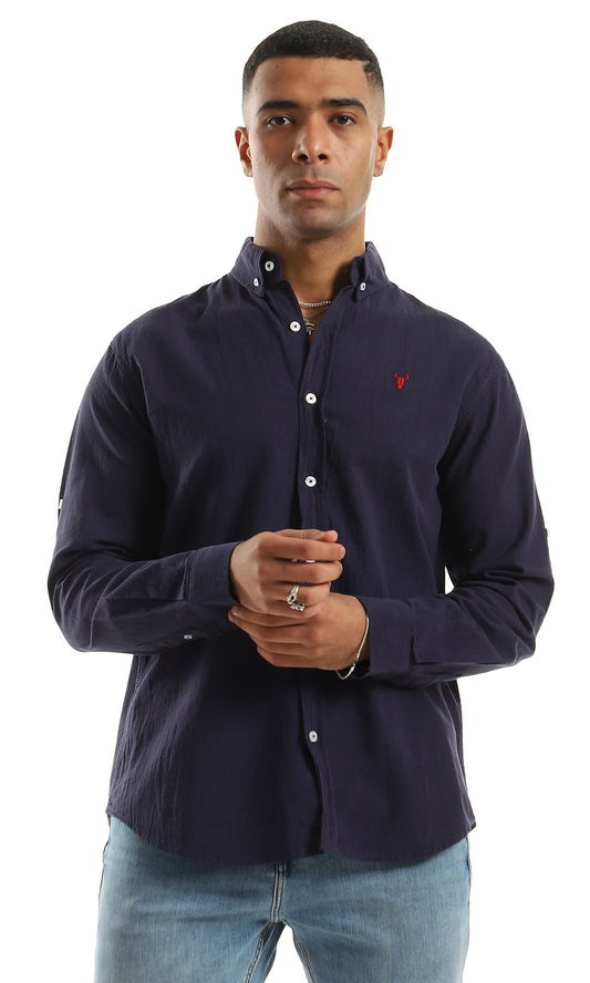 O151677 Classic Collar Stitched Pattern Full Buttoned Navy Blue Shirt