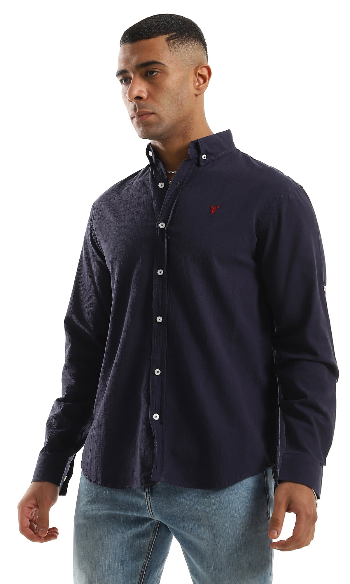 O151677 Classic Collar Stitched Pattern Full Buttoned Navy Blue Shirt