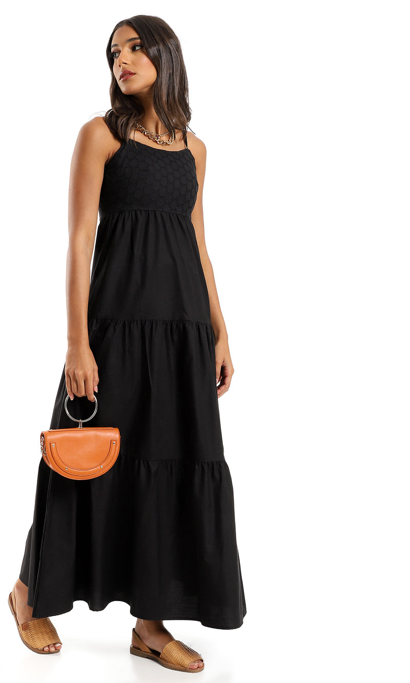 O151684 Spaghetti Sleeves Buttoned Cotton Black Dress