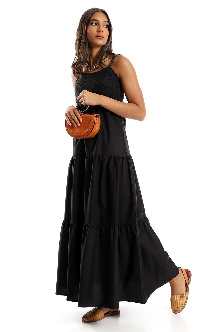 O151684 Spaghetti Sleeves Buttoned Cotton Black Dress