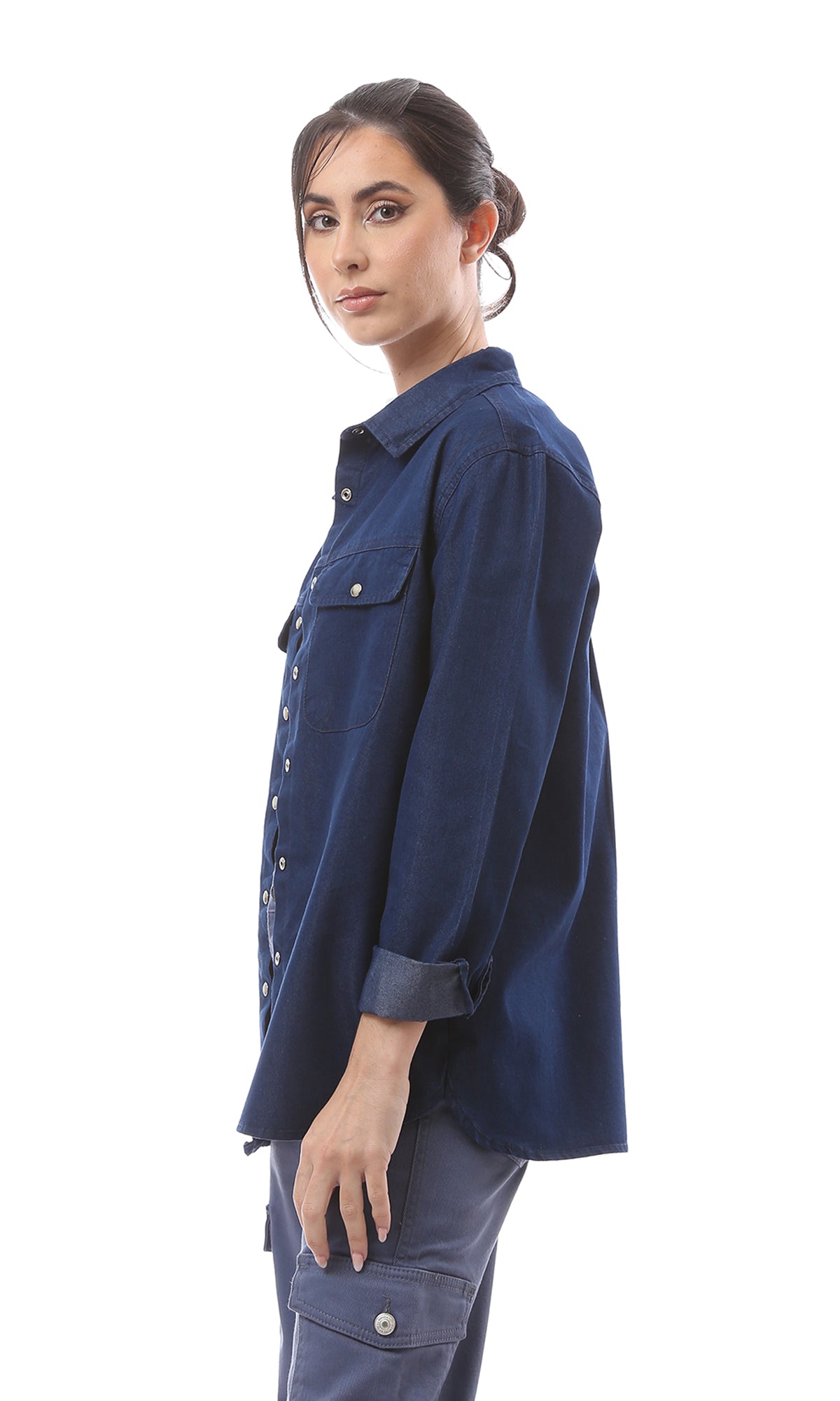 O152673 Shiny Snap Buttons Navy Blue Denim Shirt