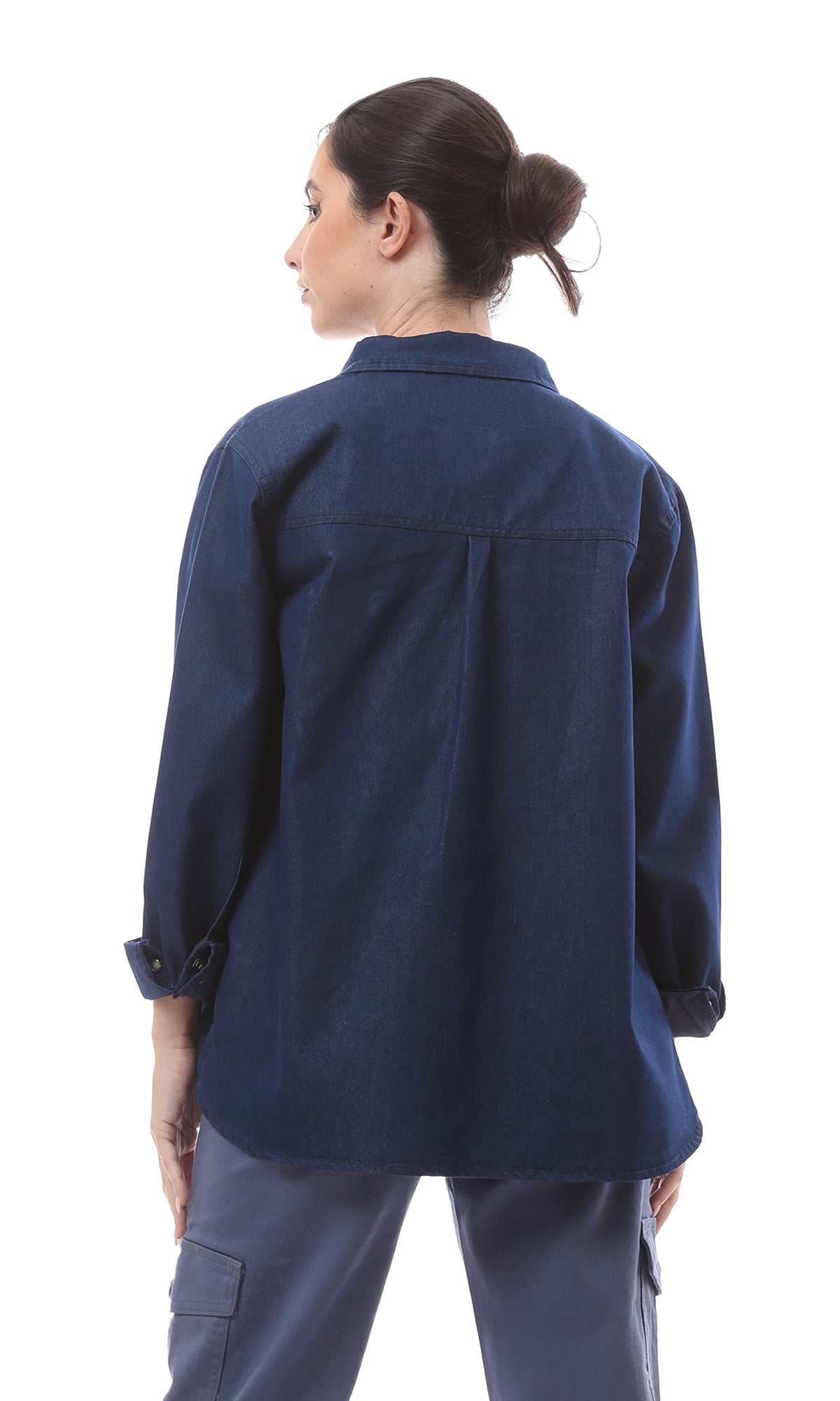 O152673 Shiny Snap Buttons Navy Blue Denim Shirt