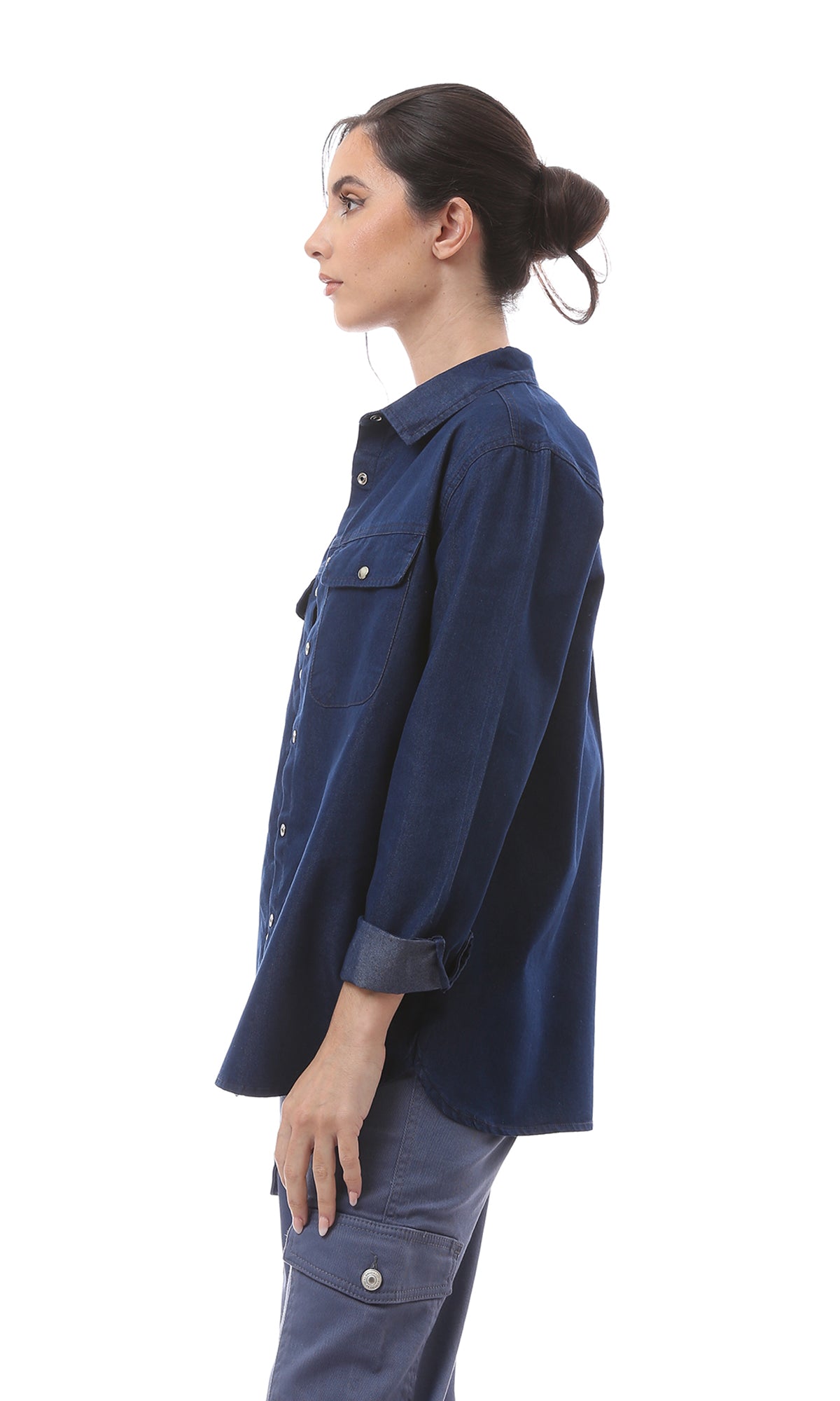 O152673 Shiny Snap Buttons Navy Blue Denim Shirt