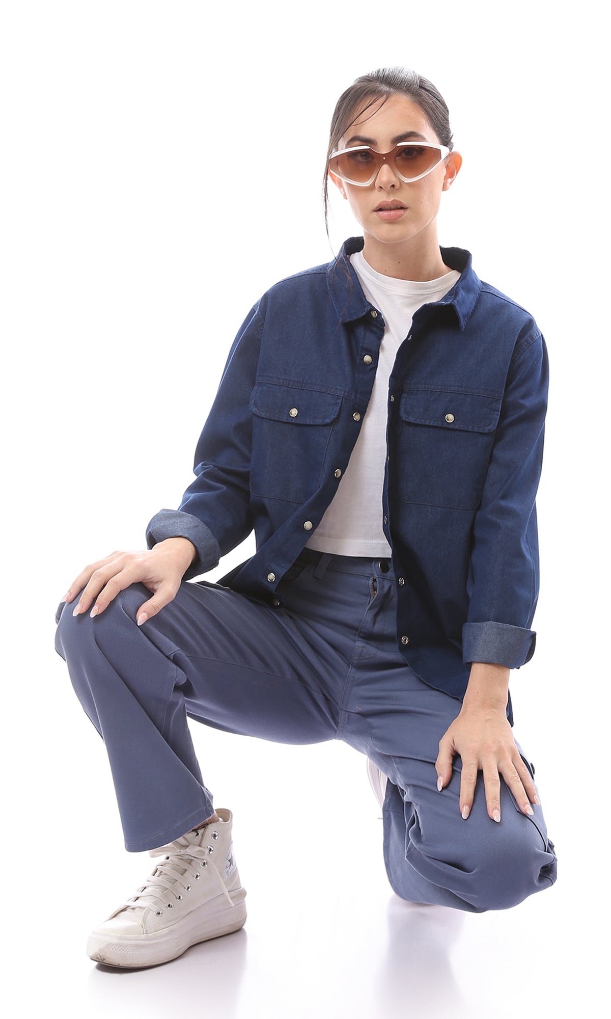 O152673 Shiny Snap Buttons Navy Blue Denim Shirt