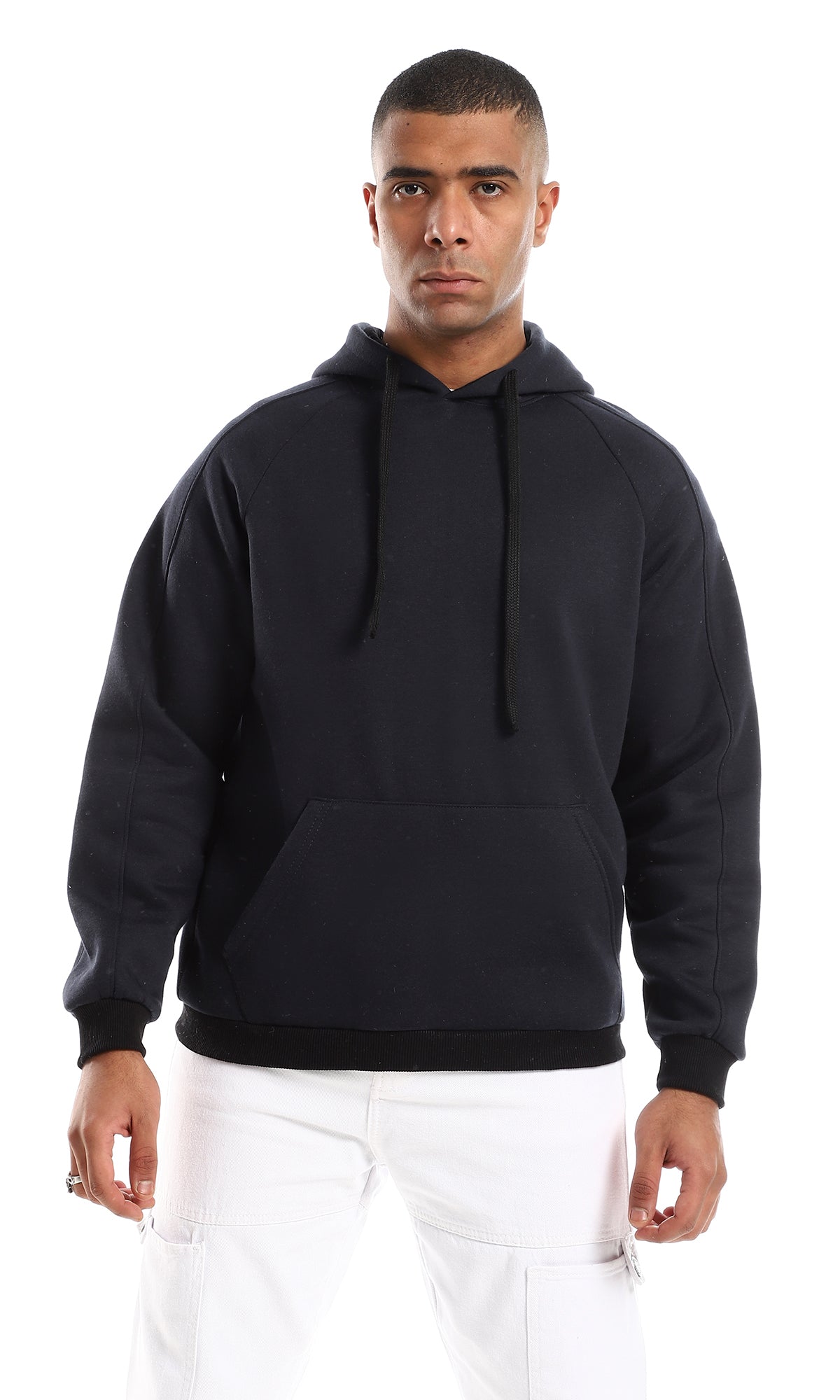 O152787 Kangroo Pocket Slip On Full Plain Black Hoodie