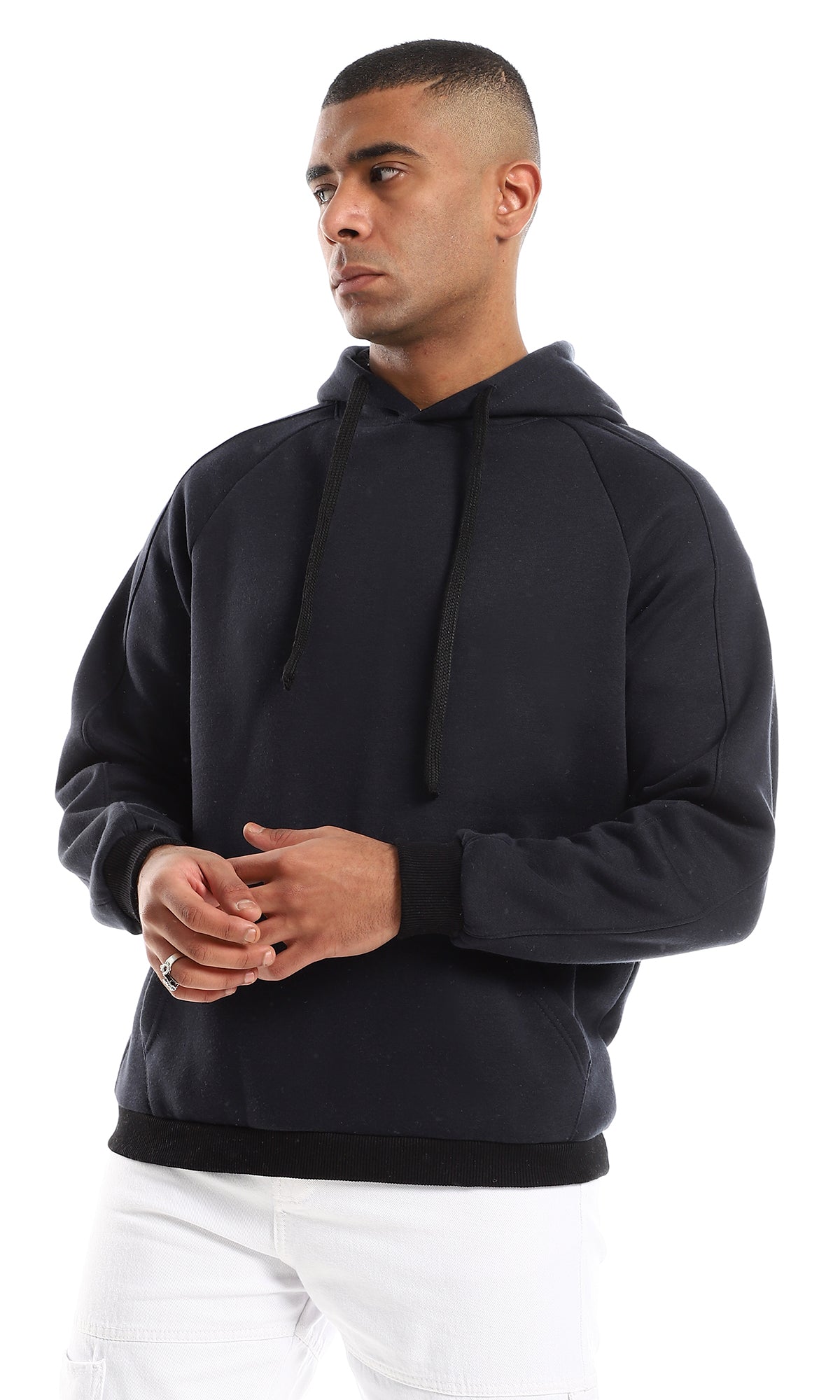 O152787 Kangroo Pocket Slip On Full Plain Black Hoodie