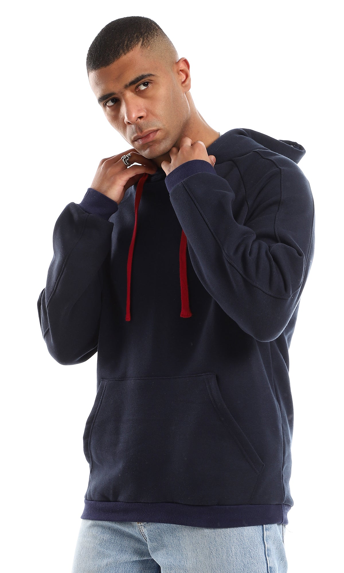 O152795 Red Adjustable Hood Drawstring For A Navy Blue Hoodie