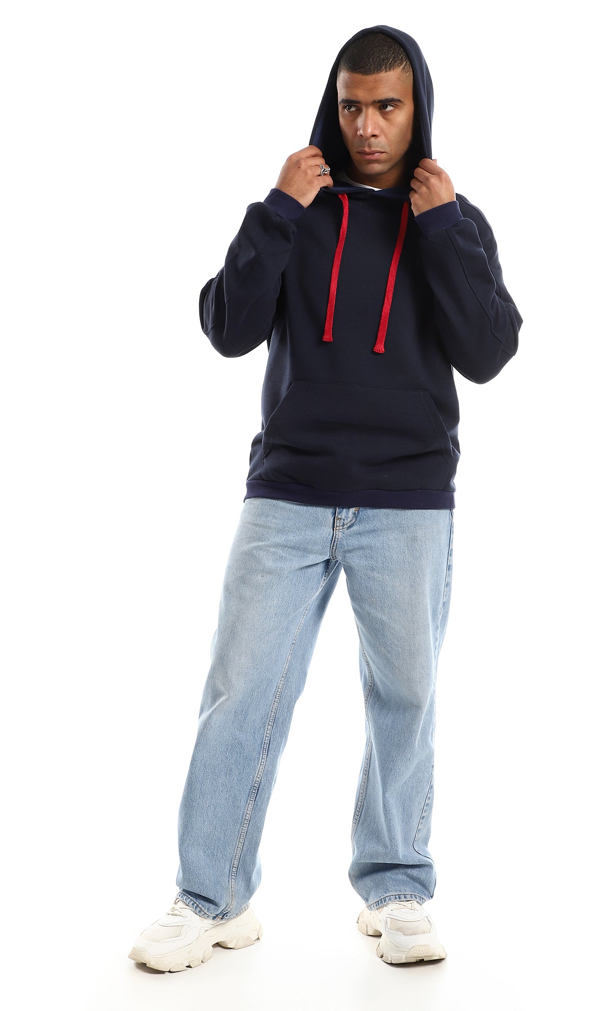 O152795 Red Adjustable Hood Drawstring For A Navy Blue Hoodie