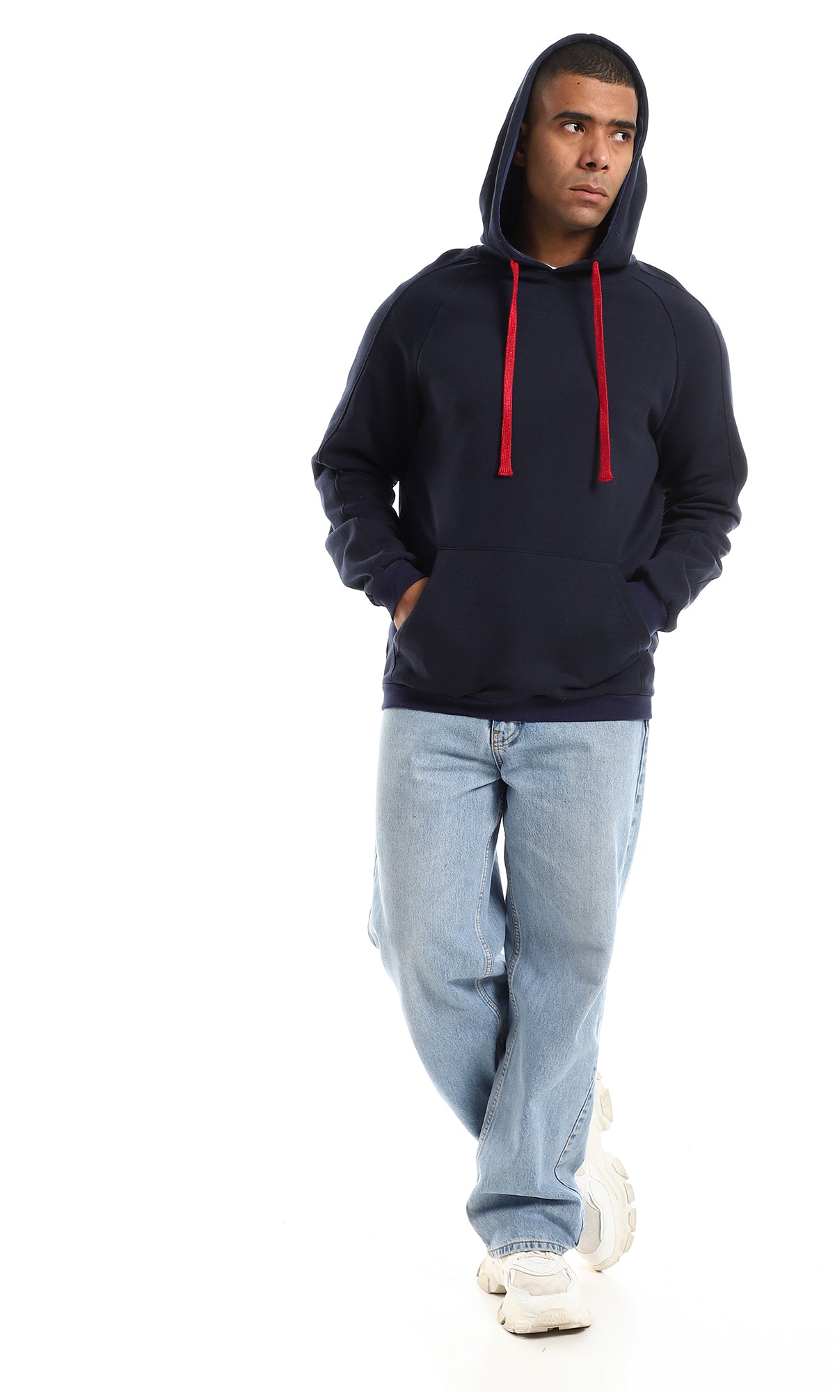 O152795 Red Adjustable Hood Drawstring For A Navy Blue Hoodie