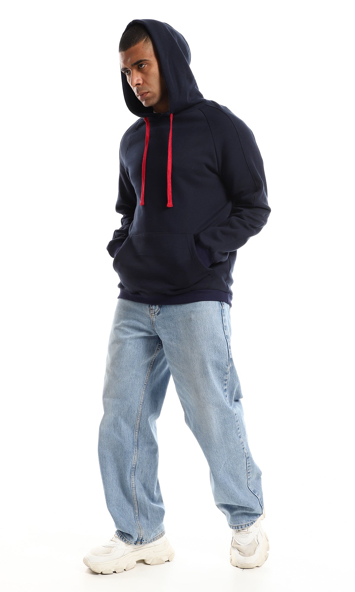 O152795 Red Adjustable Hood Drawstring For A Navy Blue Hoodie