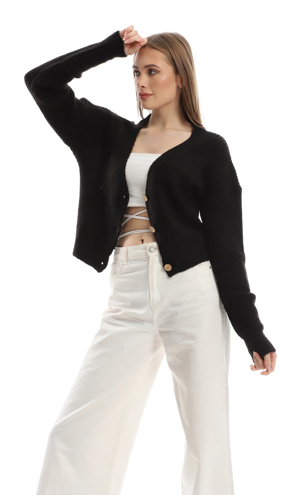 O152906 Black Deep V-Neck Cardigan With Long Sleeves