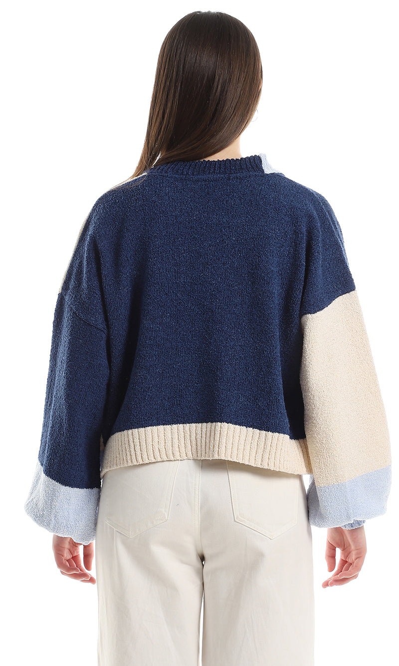 O152914 Slip On Knitted Cropped Cardigan - Navy Blue, Off White & Baby Blue