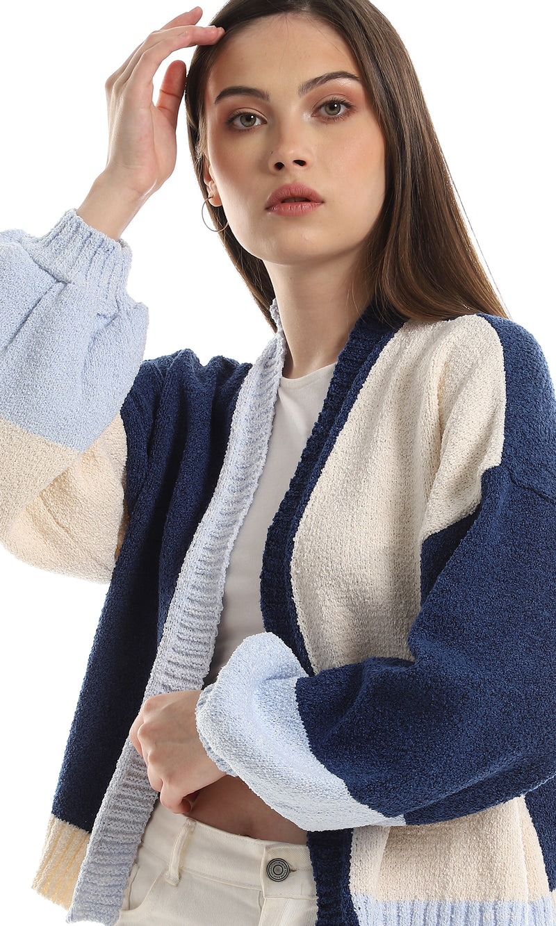 O152914 Slip On Knitted Cropped Cardigan - Navy Blue, Off White & Baby Blue