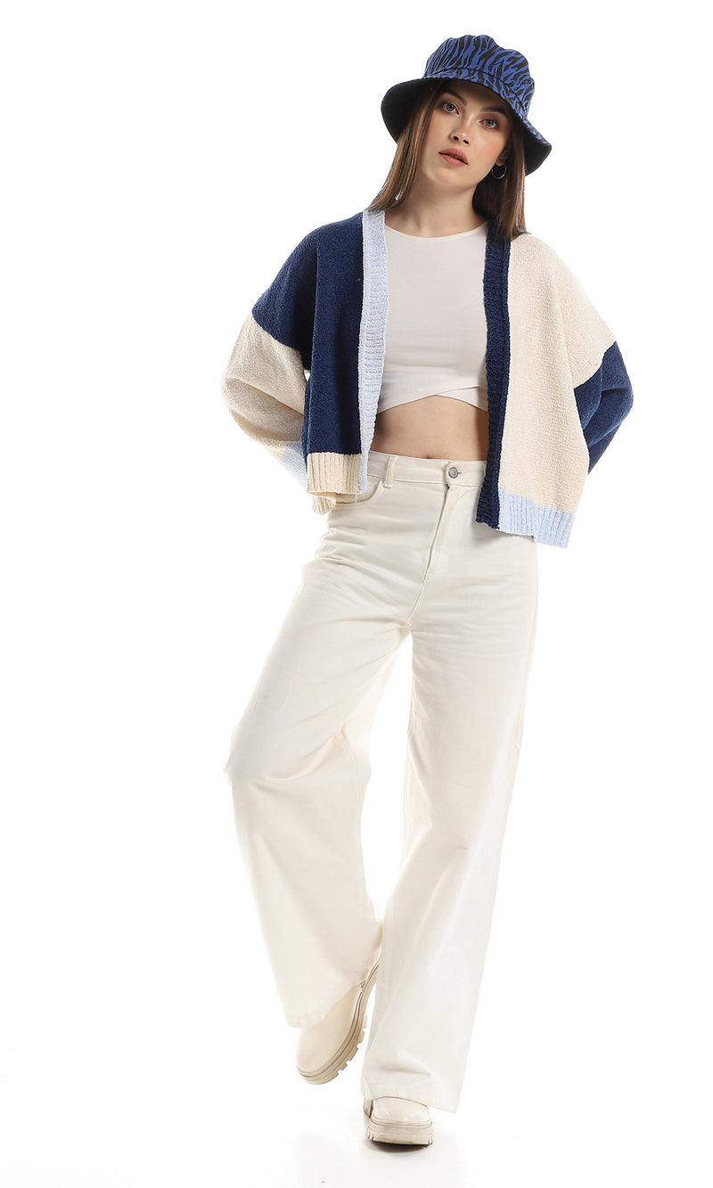 O152914 Slip On Knitted Cropped Cardigan - Navy Blue, Off White & Baby Blue